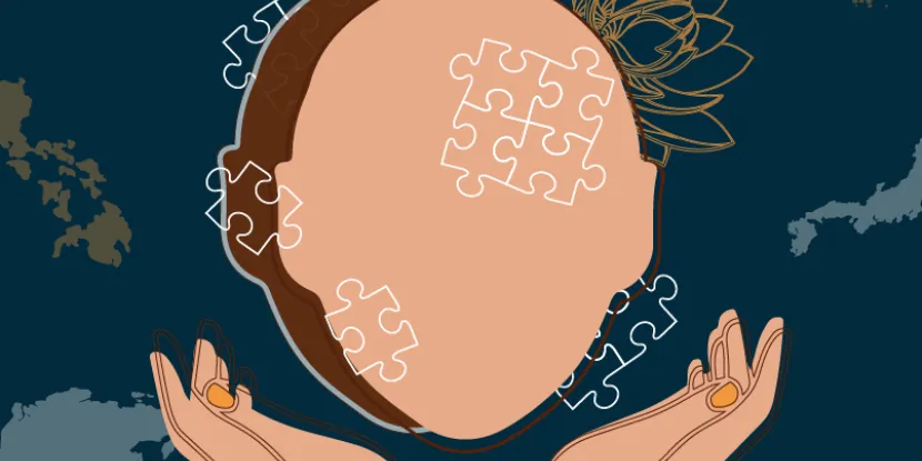 hands around a head with puzzle pieces and a map background