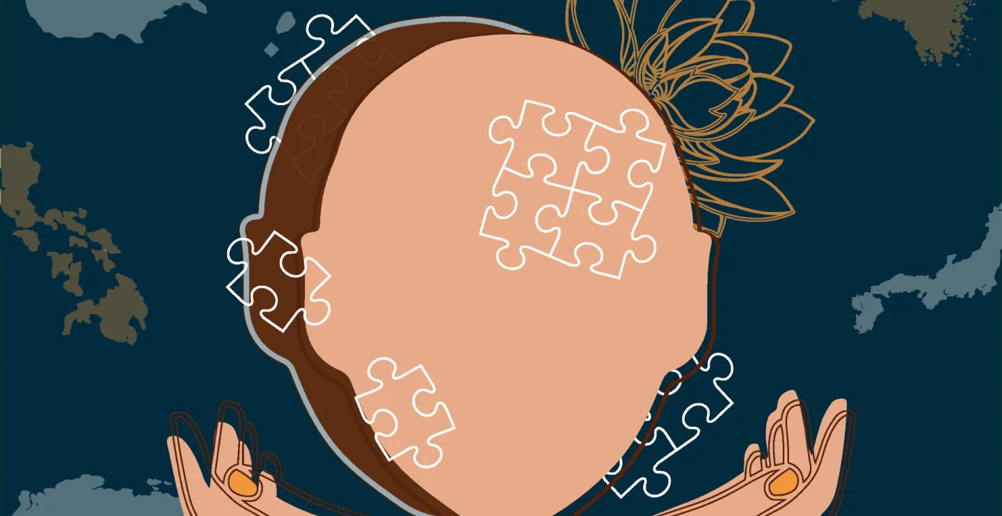 Illustration of one light brown head offcentered and overlaid on a darker brown head with white puzzle piece outlines covering them, symbolizing how mental health care is like assembling a puzzle.