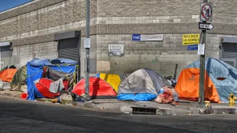 Tents along the street in Skid Row in downtown Los Angeles