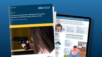 Report cover with girl holding pistol and tablet displaying  youth firearms infographic 